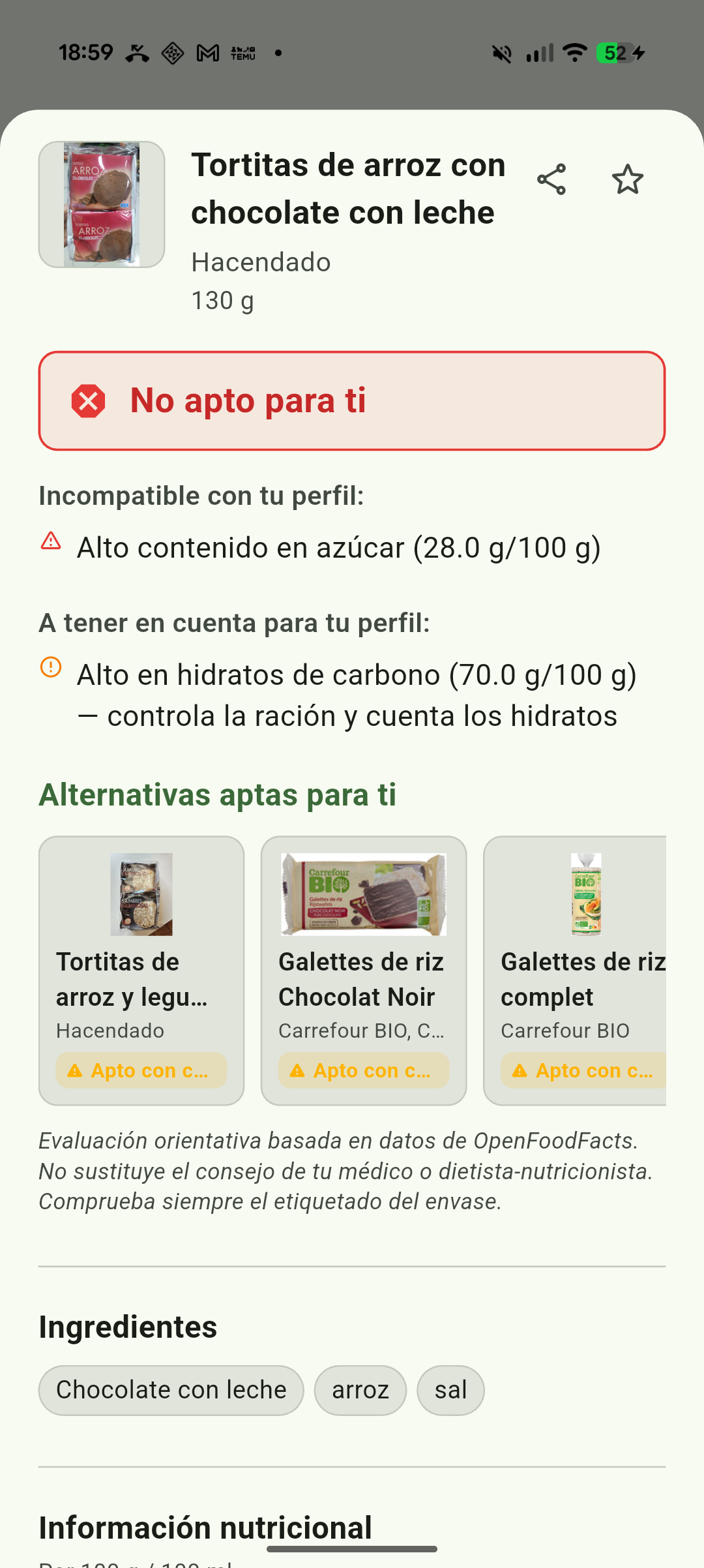 Pantalla de AptoParaTi: un producto marcado como «No apto para ti» porque tiene alto contenido en azúcar, con alternativas aptas debajo.