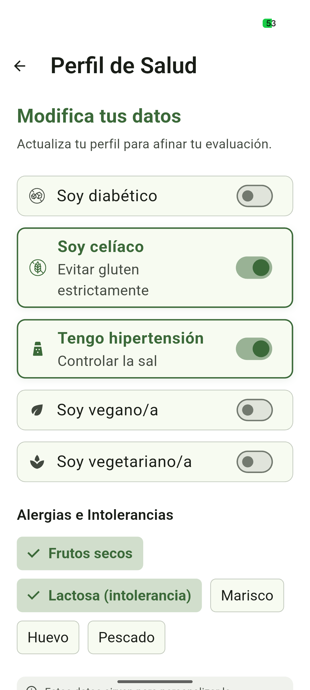 Pantalla de Perfil de salud de AptoParaTi con la celiaquía y la hipertensión activadas y alérgenos marcados como frutos secos y lactosa.